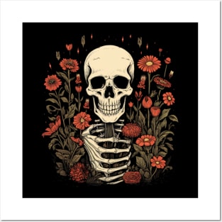 Skull with flowers, red flowers Posters and Art